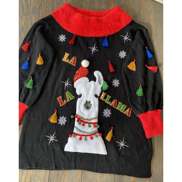 HOLIDAY TIME Ugly Christmas Sweater LLAMA Tassels Embroidered Size L 12-14 - Picture 1 of 4